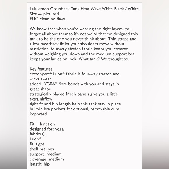 LULULEMON cross back tank heat wave black and white size 4 - Picture 5 of 14